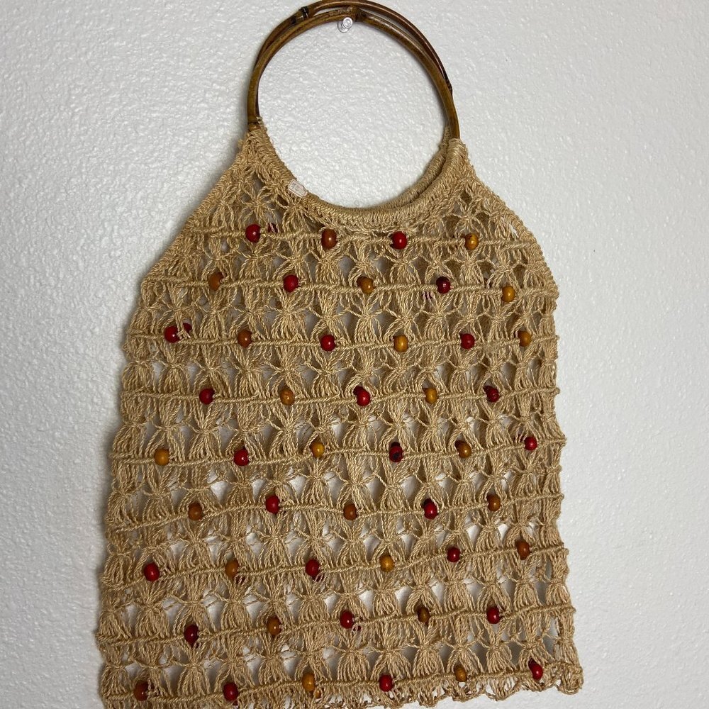 Vintage Wicket Shopping Bag  Wooden details NEW